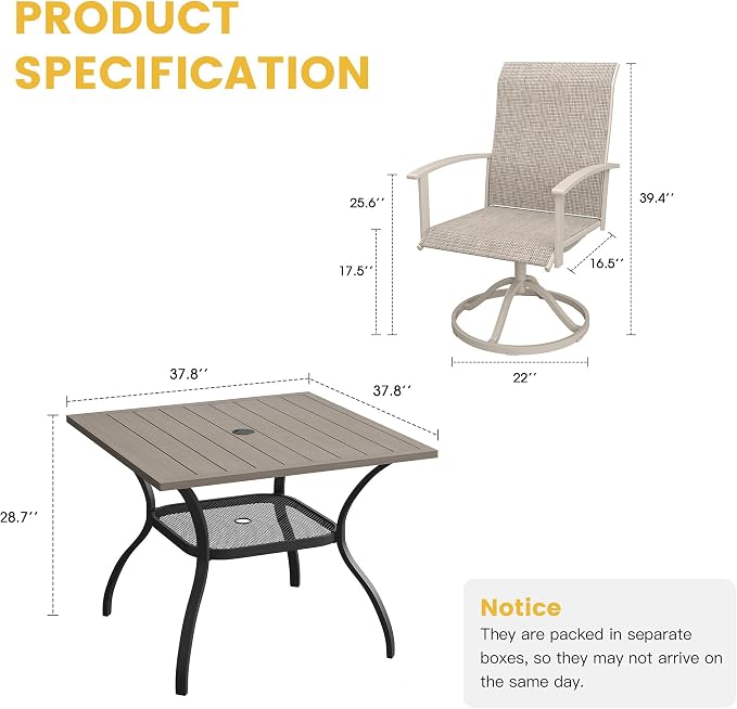 VICLLAX 5 Pieces Patio Dining Set, Outdoor Dining Set for 4-37.7" Outdoor Table and Swivel Patio Chair Set for Deck, Lawn and Garden, Gray Wood Grain Table and Sanshell Color Chairs