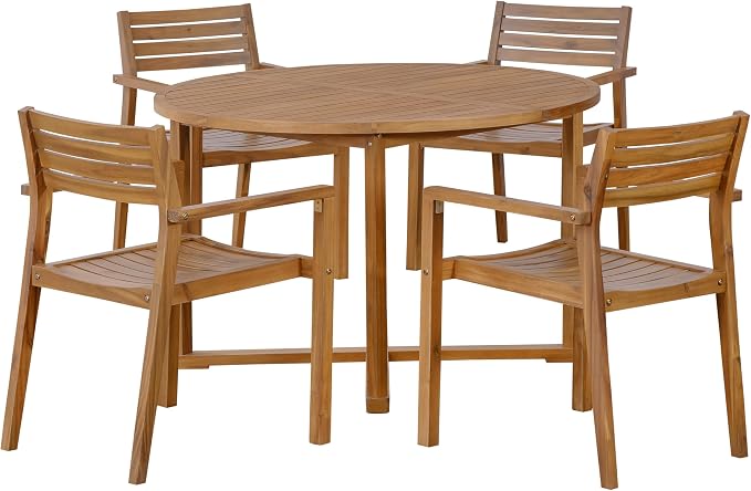 SOFTSEA 5-Piece Patio Dining Set, Acacia Wood Outdoor Table & Chairs, All-Weather Patio Round Dining Set for Garden, Deck, Poolside, Natural