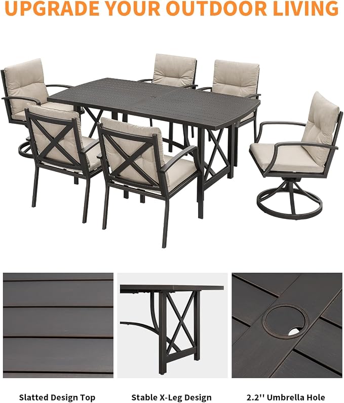 7 Pieces Outdoor Dining Set for 6, Never Rusts Aluminum Patio Dining Set with 2 Swivel Rocker Chairs, Patio Table and Chairs Set, Outdoor Furniture Set for Deck, Garden, Lawn, Gunmetal