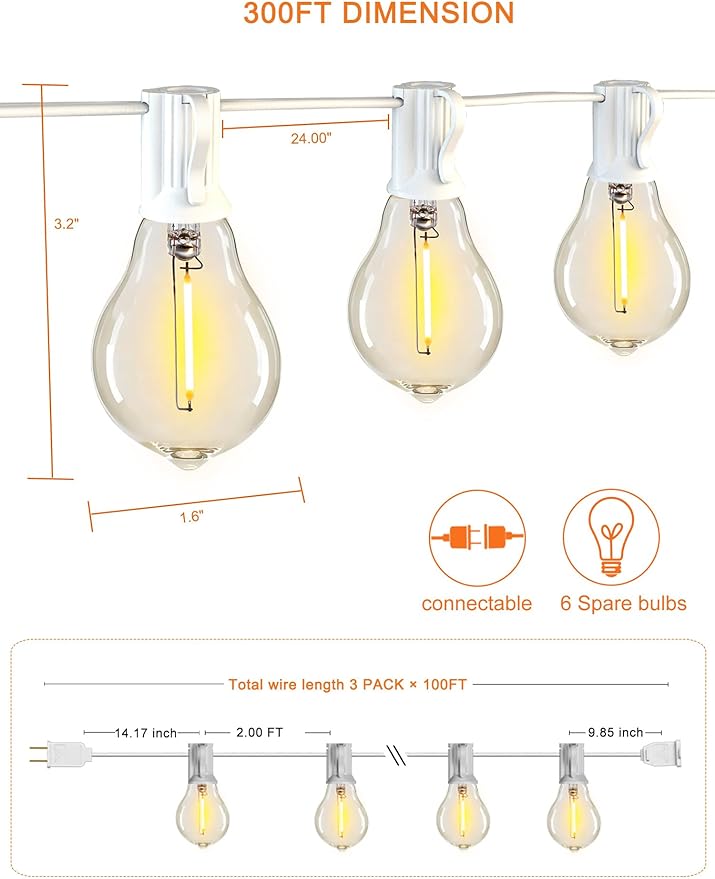 Outdoor String Lights White 300FT Waterproof Lights for Patio Wedding Porch | 2FT Bulbs Apart, 3x100FT Connectable White Outside Lights with 156 Shatterproof Dimmable Edison Bulbs for Garden Bistro Party