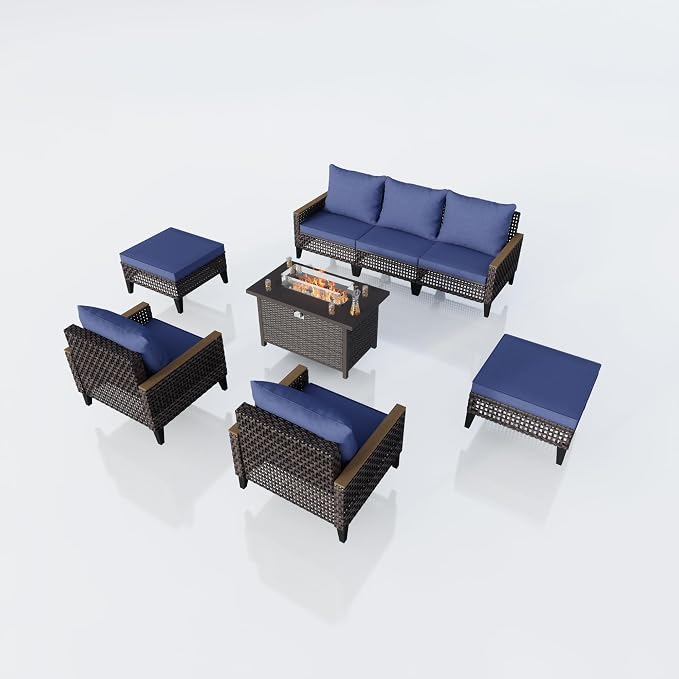 8 Pieces Outdoor Patio Furniture Set, Wicker Rattan Conversation Set with Fire Pit Table and Foot Rest, Sectional Modular Sofa Couches Chairs Ottomans for Deck, Balcony, Backyard, Yard (Blue Cushions)