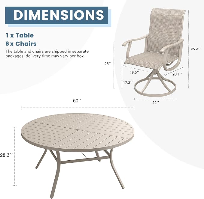 DIFY Patio Table and Chairs Set for 6, 7 Piece Outdoor Dining Set Includes 50" Round Metal Dining Table with Umbrella Hole and 6 Textilene Swivel Patio Chairs, for Garden Backyard Deck, Sandshell
