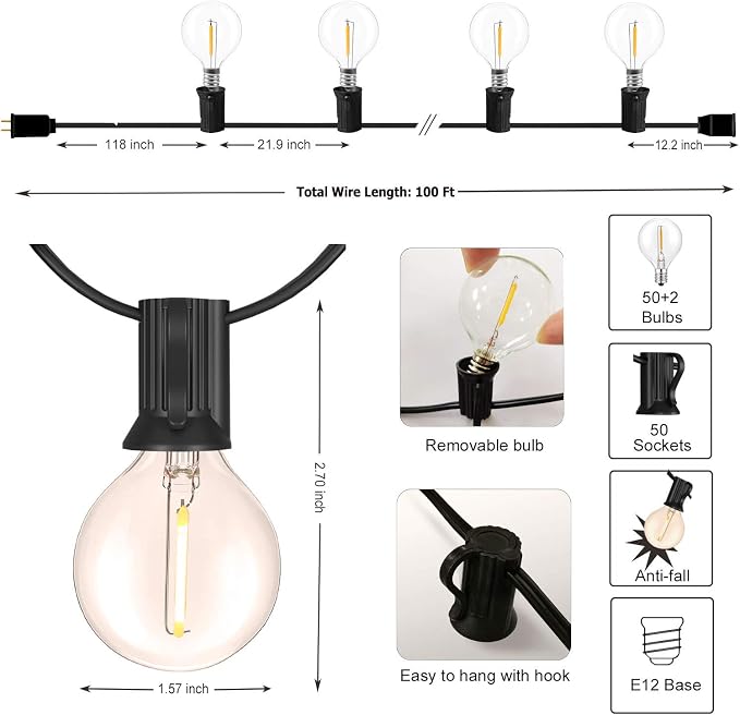 Outdoor String Lights 100FT Wateproof Outside Patio Lighting for Backyard | 52 Plastic Dimmable G40 Globe Bulbs,100FT Connectable Outdoor Lights for Porch Bistro Garden Gazebo Balcony Yard Cafe Wedding