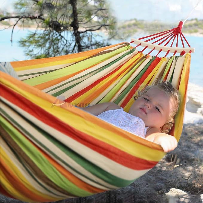 ANYOO Portable Camping Hammock Cotton Hammocks with Spreader Bar Outdoor | Sturdy Lightweight Hammocks Up to 450lbs with Carry Bag