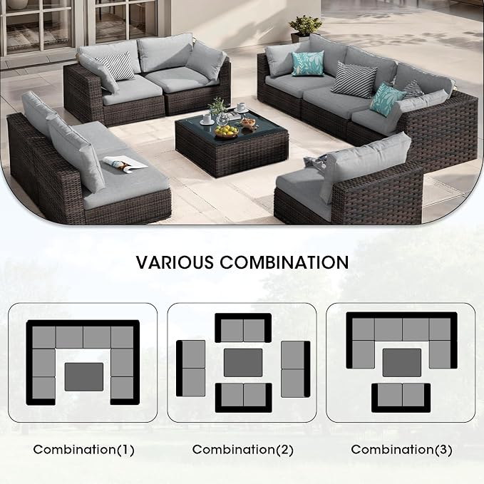 9 Piece Patio Furniture Set All Weather PE Rattan Outdoor Sectional Sofa Couch with No-Slip Cushions and Glass Top Table for Garden, Poolside, Backyard (Gray)