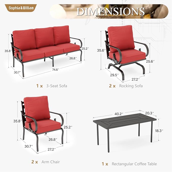 Sophia & William Patio Conversation Set for 7, 3-Seater Sofa, 2 Fixed Chairs, 2 Rocking Chairs and a Coffee Table, Metal Outdoor Furniture with 5.75" Extra Thick Cushions, Red