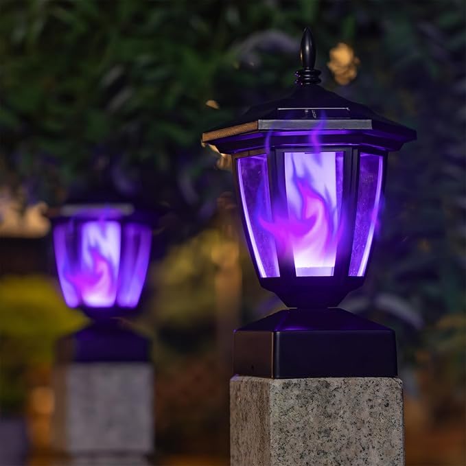 Dynaming Solar Flame Post Cap Lights Outdoor, Halloween Flickering Purple Flame Post Lights, Solar Powered LED Lantern Waterproof for Garden Deck Fence Patio, Fit 4x4, 5x5 or 6x6 Wooden Posts, 4 Pack
