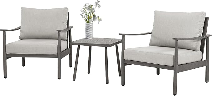 HAPPATIO Patio Conversation Set 3 Pieces, Outdoor Aluminum Conversation Furniture Set, 2 Modern Chairs with Backrest Rope Design and 1 Side Table for Garden, Pool, and Lawn (Grey)