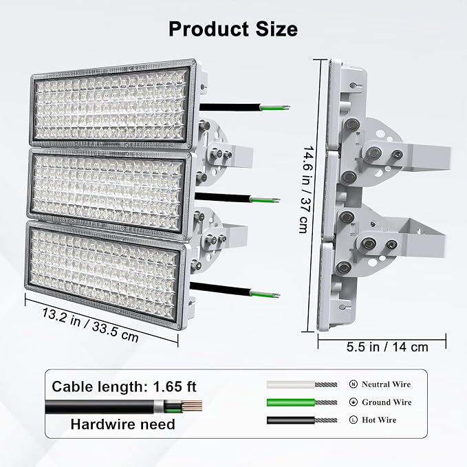 Kekeou 600W LED Stadium Lights, 300W 2-Pack 84000LM 6500K Arena Flood Light | IP67 Waterproof & Rugged, Flicker-free, 10KV surge. 180° Adjustable, 120° Wide Beam Angle for Basketball Courts/Parking