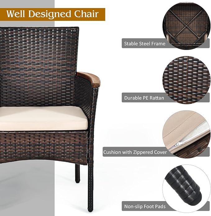 Tangkula 7 Pieces Patio Dining Set, Patiojoy Outdoor Conversation Set w/Acacia Wood Top Table & 6 Stackable Rattan Chairs, Wicker Dining Furniture w/Umbrella Hole, Steel Frame, Sponge Seat Cushions