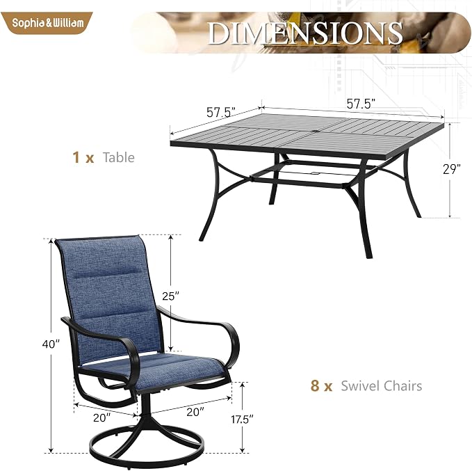 Sophia & William Patio Dining Set for 8, Metal Table w/Swivel Chairs, Blue | High-back & Padded, Square, Umbrella Hole, Durable Material, Ergonomic design, weather resistant, Outdoor backyard deck