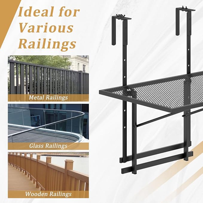 LDAILY Balcony Railing Table, Large Metal Folding Hanging Table with 5-Level Adjustable Height, Heavy-Duty Outdoor Bar Table Fits 1.4”-4” Railings for Patio, Porch, Deck, Black