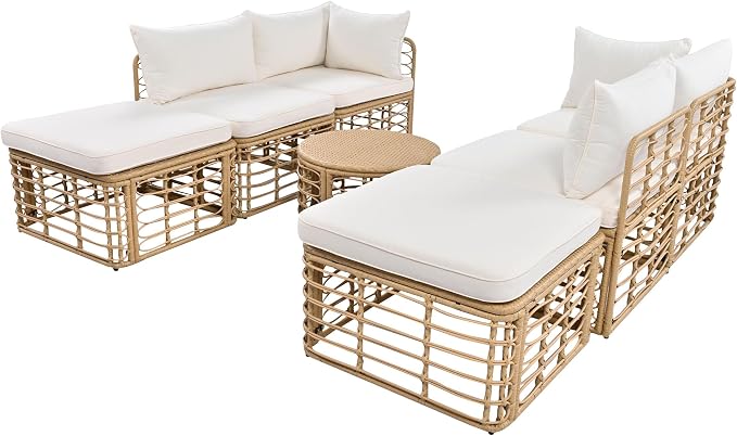 7 Pieces Outdoor Patio Rattan Sectional Sofa Set, Beige All-Weather Wicker Conversation Furniture with Thick Cushions, Modular Garden Seating, Freely Combined Lounge Set with Round Coffee Table