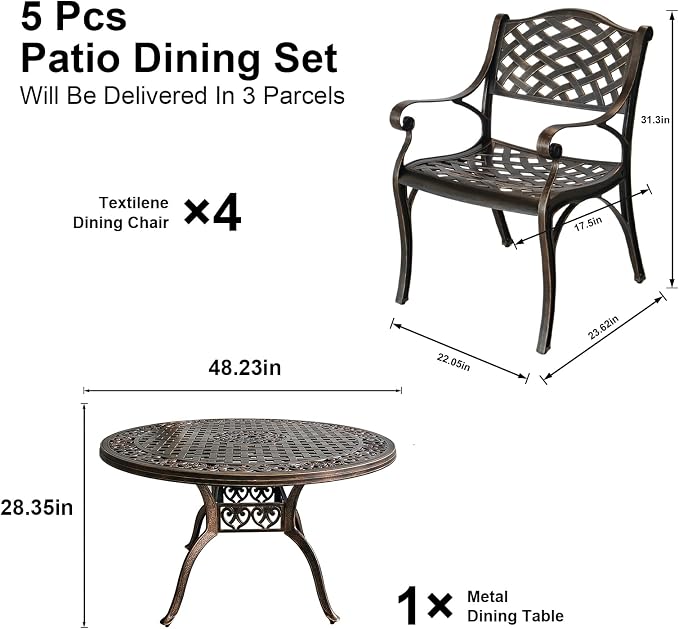 5 Piece Patio Dining Set, All-Weather Metal Outdoor Table and Chairs Set of 4, Cast Aluminum Patio Furniture Set for Patio, Garden, Backyard, Balcony