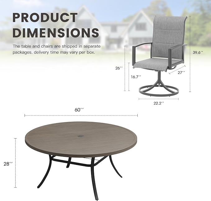 Outdoor Dining Set for 8, 60" Outdoor Dining Table with Umbrella Hole and Padded Textilene Patio Swivel Chairs, 9 Pieces Patio Table and Chairs Set for Garden Backyard, Grey