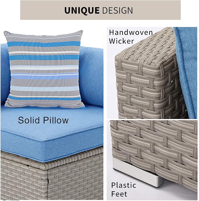 HOMPUS Outdoor Patio Furniture Warm Gray Wicker Armless Chair w Blue Cushion w 1 Stripe Pillow for Garden, Pool, Backyard