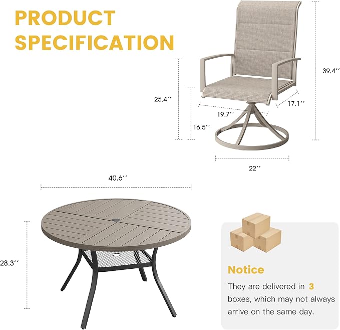 VICLLAX Patio Dining Set for 4, 4 Seats Outdoor Furniture Includes 40.7" Round Patio Table and Swivel Padded Chairs, Grey Wood Grain Tabletop and Sandshell Fabric