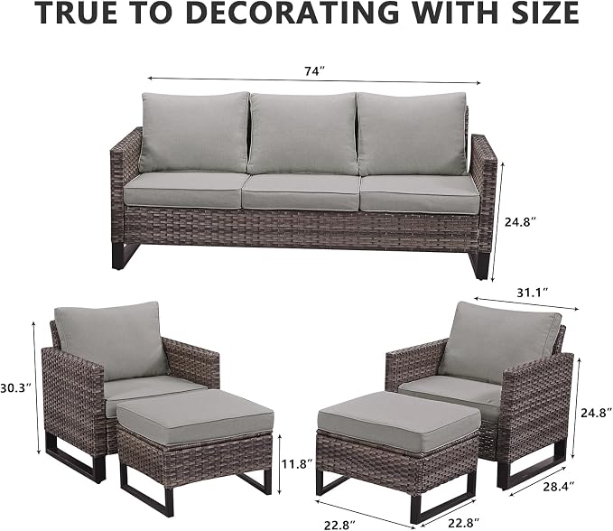 HUMMUH 5 Piece Patio Furniture Set All Weather Wicker Outdoor Sectional Sofa,High Back Patio Chairs and Ottomans for Porch,Garden,Backyard