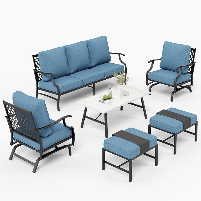 MIXPATIO Patio Furniture Set 6 pcs, Outdoor Patio Furniture, 3-Seat Sofa, 2 Rocking Chairs, 2 Ottomans, Coffee Table and 5.75" Extra Thick Cushion, Conversation Set for Backyard Deck, Navy Blue