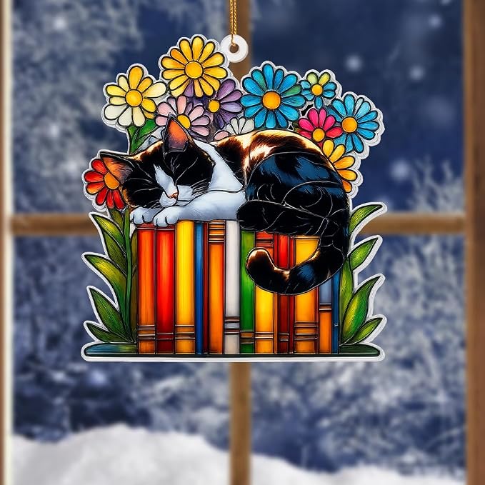 Cat Book Ornament β Stained Glass Style Acrylic Christmas Ornament, Book Lover Gifts for Women, Teacher & Librarian Holiday Decorations, Bookworm Fantasy Ornament for Reading Nook or Tree(Sun-16)