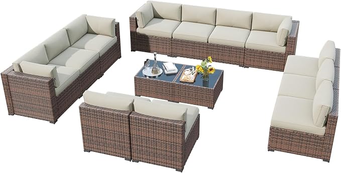 LazySunsets 14 Piece Outdoor Patio Furniture Set with Coffee Table, Outdoor Patio Furniture Sets with 4'' Thicken Cushion, Wicker Outdoor Conversation Set for Backyard & Garden, Beige