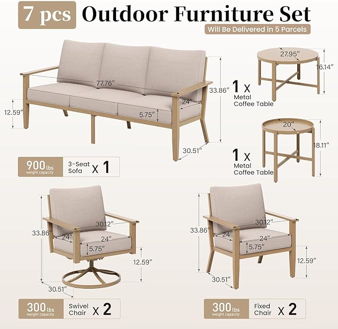 SUNSHINE VALLEY Patio Conversation Set,7 Pcs Metal Outdoor Furniture with 3-Seater Sofa,2 Swivel Chairs,2 Single Chairs,Metal Nested Table and 5.75" Extra Thick Cushion for Lawn Garden Backyard,Beige