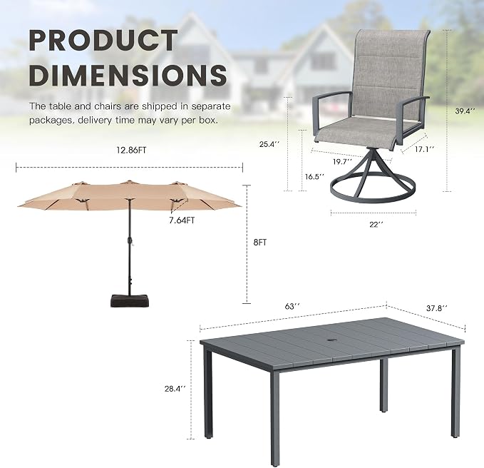 Outdoor Dining Set for 6, 8 Pieces Patio Table and Chairs Set with Umbrella, 63" Outdoor Dining Table and Padded Textilene Patio Swivel Chairs for Garden Backyard, Grey and Dark Grey