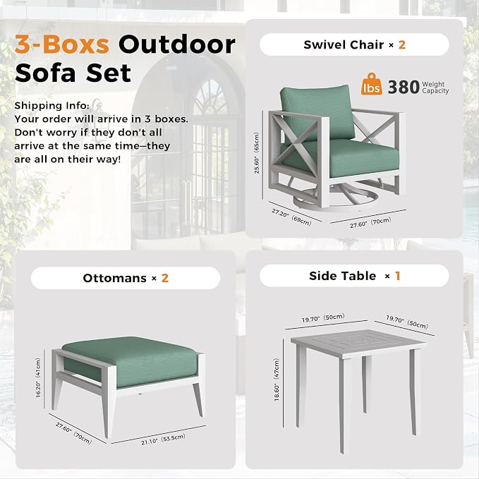 5-Pieces Square Aluminum Patio Furniture Set, Outdoor Swivel Rocking Chairs with 5.2" Thick Cushions & 2 Ottomans, All-Weather Rust-Resistant Frame Conversation Set for Porch, Garden, Backyard, White