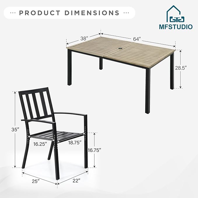 MFSTUDIO Outdoor Dining Set for 6, Patio Dining Set with Umbrella Hole, 7 Piece Metal Patio Table and Chairs Set for Deck Backyard Poolside Garden