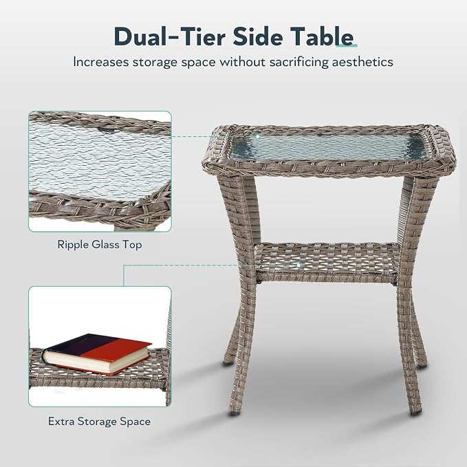 5 Piece Patio Furniture Set with Fire Pit Table - Wicker Patio Conversation Set with Swivel Glider, 3-Seat Sofa, Tempered Glass Side Table for Deck Backyard - Grey Wicker Red Cushion