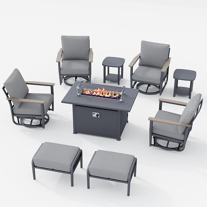 Aluminum Patio Swivel Rocking Chair Outdoor Bistro Set, 9pcs Patio Conversation Set Outdoor Patio Furniture Set with High Backrest & Thickened Cushions for Garden, Deck and Balcony, Grey