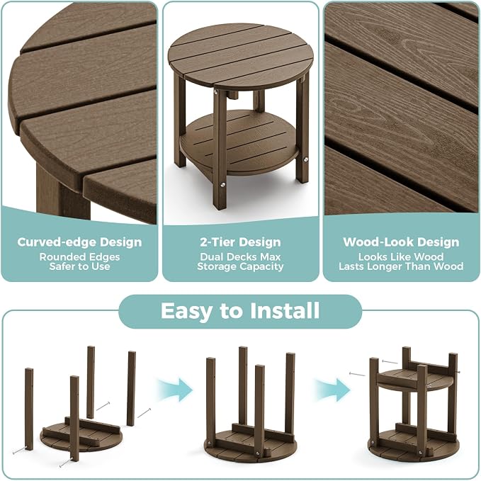 Outdoor Side Table, Adirondack Round 2-Tier Patio Table, Easy Maintenance & Weather Resistant, HDPE End Table for Backyard, Pool, Patio, Porch, Brown