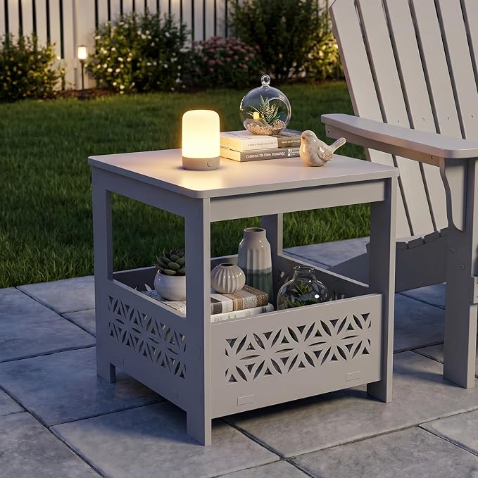 VINGLI Outdoor Side Table with Storage, 15.6" Square Resin Patio End Table, Weatherproof Rustproof Balcony Backyard Poolside Small Table (Gray)