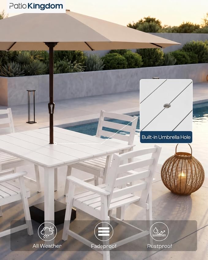 HDPE Outdoor Dining Set for 4, Square Table and Chairs, White | All-Weather HDPE, Wood Grain Finish, 42.5" Square Table, Built-In Umbrella Hole, Seats 4, Patio & Poolside Ready
