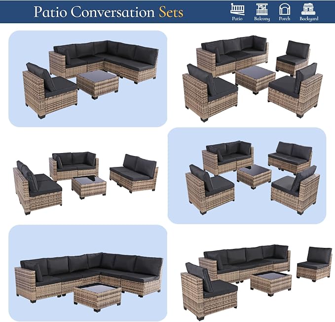 FHFO 7 Piece Outdoor Wicker Patio Furniture Set, Yellow/Black | Sectional Sofa | All-Weather Hand-Woven Rattan | Tempered Glass Coffee Table | Free Combination | Indoor & Outdoor Use