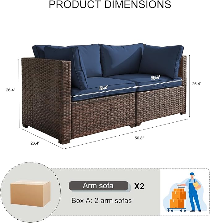 2 Pieces Patio Furniture Set, Outdoor PE Rattan Sectional Sofa with Soft Cushions for Backyard, Porch, and Poolside (Blue, 2 PCS)