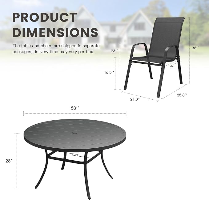 9 Pieces Outdoor Dining Set, 53" Round Table with Umbrella Hole & Stackable Patio Dining Chairs, Patio Table and Chairs Set for Deck Garden Porch, Black Chairs & Black Table