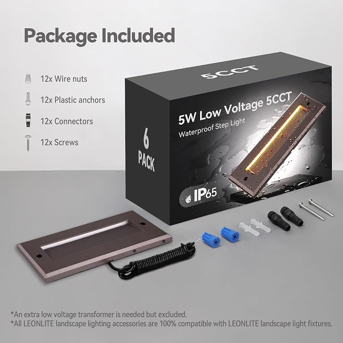 LEONLITE 6-Pack 5W/4W/3W Dimmable 9 Inch 5CCT Low Voltage LED Step Lights | 12-24V AC/DC, Exterior Step Lighting, Outdoor Landscape Stair Riser Light, IP65, UL Listed, Aluminum, Oil Rubbed Bronze