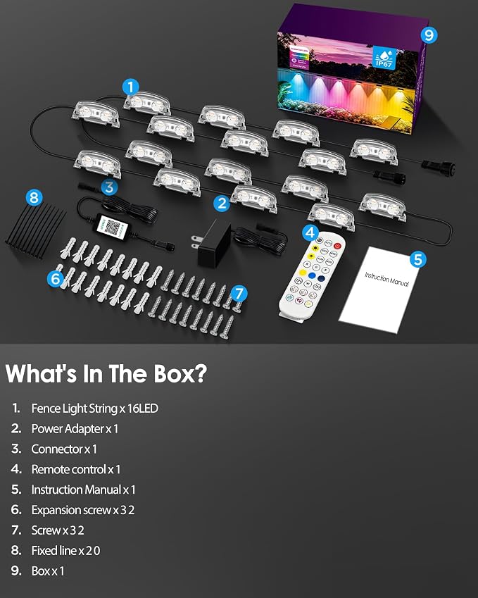 Outdoor Deck Lights 16 Pack, 100ft Smart RGB Outdoor Lights, APP | Remote Control, Waterproof LED String Light with Timer for Wall Fence Step Yard Stairs Pool Halloween Christmas Decor