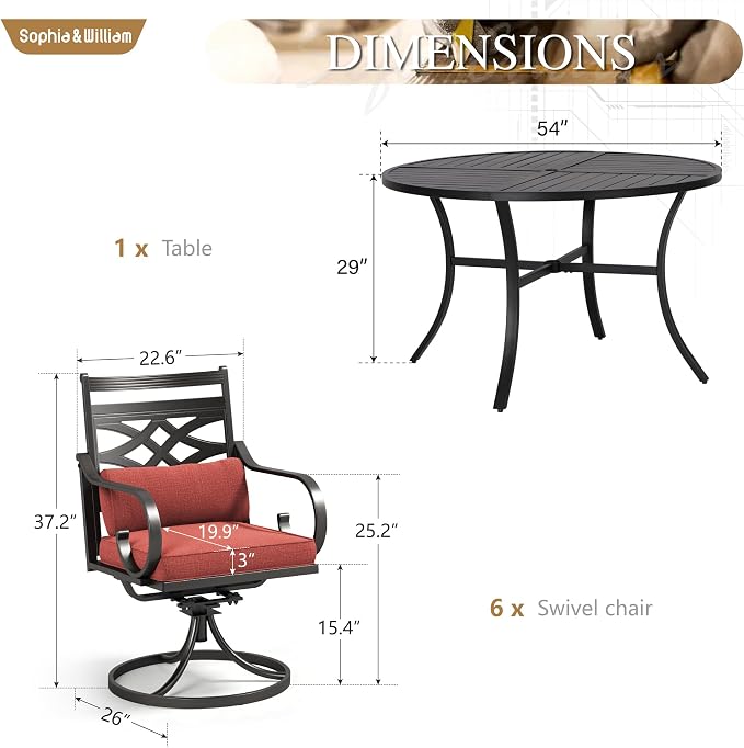 Sophia & William Patio Dining Set, Steel, Black | Umbrella Hole, Swivel Chairs, E-Coated, Cushions Included, For Patio, Garden and Yard