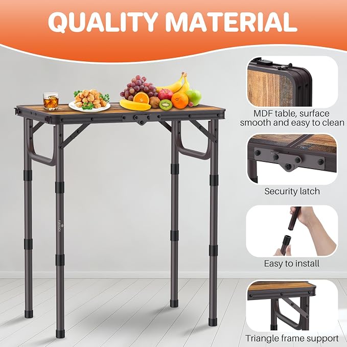 FUNYKICH 2ft Small Folding Camping Table(22.8'' Lx15.7'' W), 3 Height Adjustable Portable Picnic Table, Lightweight Aluminum Outdoor Table with Carry Handle for Camping, BBQ, Beach, Picnic, Brown