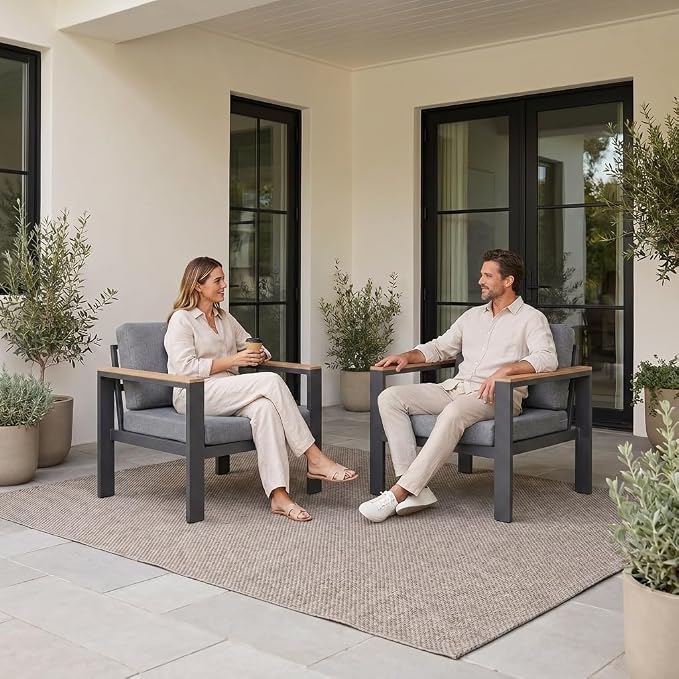 Outdoor Patio Chairs Set of 2, Aluminum Patio Furniture Chairs with 5-Inch Water-Resistant Cushions, Powder-Coated Frame for Porch, Deck, Backyard, Poolside, Gray