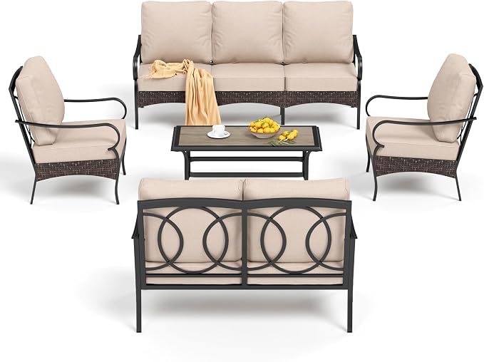 PHI VILLA Outdoor Modern Patio Furniture Set, Upgraded Wicker & Metal Patio Conversation Set with Waterproof Thick Cushions for Porch, Poolside, Yard (5 Pieces,Beige)