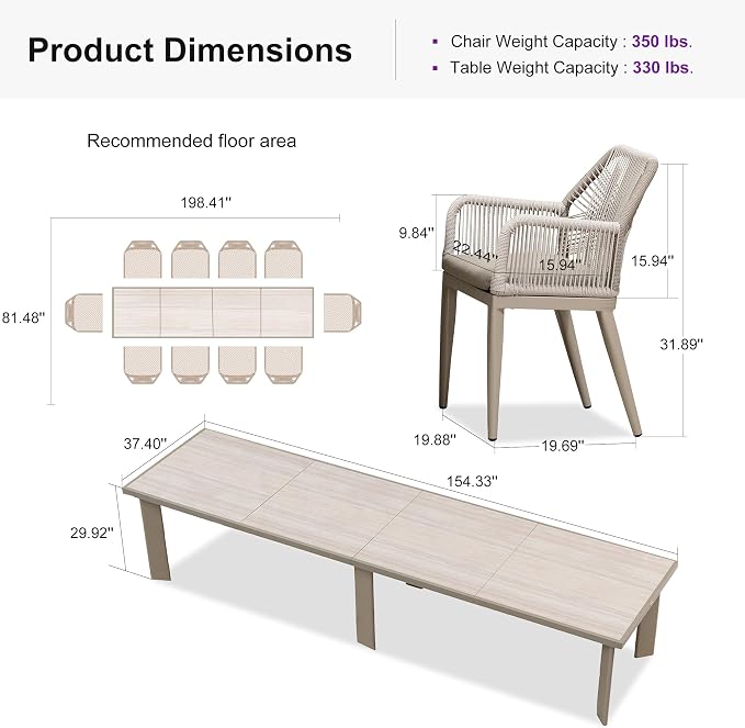 PURPLE LEAF 11 Pieces Patio Dining Set Aluminum Modern Oversize Rectangular Table and Rattan Arm Chairs with Cushions for Kitchen Porch Garden Outdoor Furniture Sets, Champagne