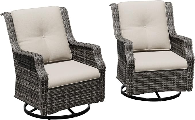 Outdoor Wicker Chairs Set of 2, Patio Swivel Rattan Chair with Wide Armrest and Thick Cushions, Ideal for Backyard, Garden, Poolside, Beige