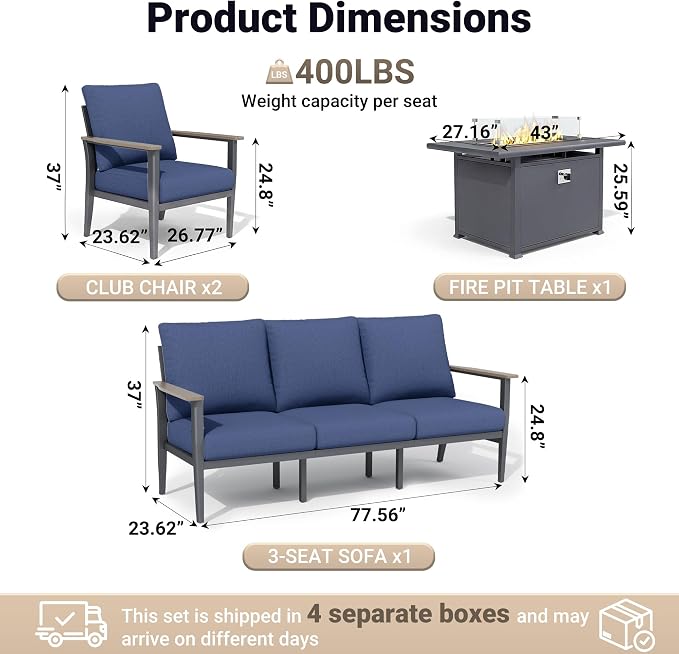 Aluminum Outdoor Patio Furniture Set, 4-Piece Outdoor Sofa with 5.1" Thick Cushions, 55,000 BTU Propane Fire Pit Table, Outdoor Couch for Balcony, Porch, Navy Blue
