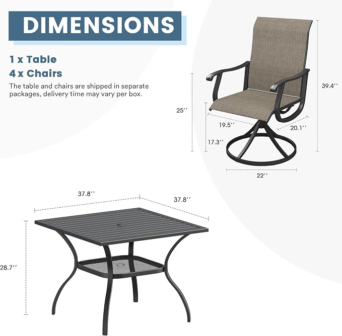 DIFY Patio Table and Chairs Set for 4, 5 Piece Outdoor Dining Set Includes 37.8" Black Square Metal Dining Table with Umbrella Hole and 4 Brown Textilene Swivel Patio Chairs, for Garden Backyard Deck