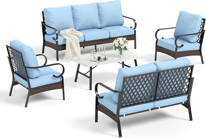 HERA'S HOUSE 5 Piece Metal Patio Furniture Set, 7 Seats All Weather Outdoor Conversation Set, 3 Seat Sofa with Loveseat, 2 Fixed Chairs, Coffee Table for Backyard, Garden, Deck, Blue