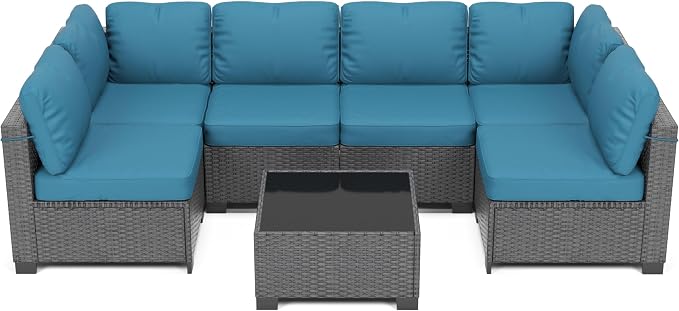 7 Piece Patio Furniture Set, Outdoor Modular Wicker Sectional Couch with Tempered Glass Coffee Table, All-Weather Rattan Conversation Set with Washable Cushions for Backyard, Garden, Deck