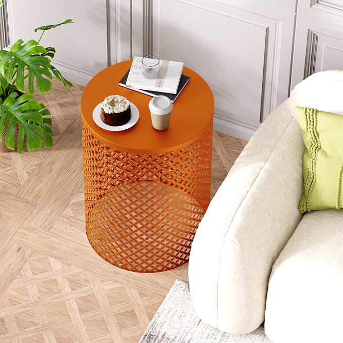 ChicFurnit Outdoor Side Table Set of 2, Cylindrical Metal Frame End Table, Decorative Garden Stool for Indoor Outdoor, Accent Garden Table Modern Nesting End Table for Patio Balconies, Cafes, Orange